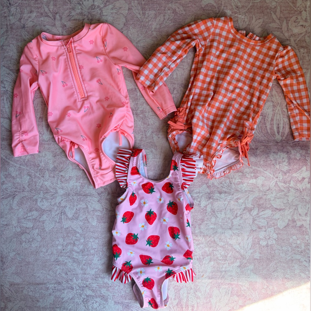 Cat & Jack Girls Orange Gingham, Pink Strawberry and Light Pink Swim Set
